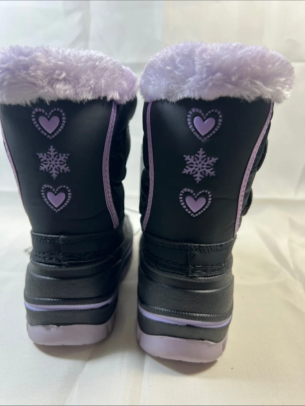 Kids Black & Lilac Snow Boots with Heart Accents